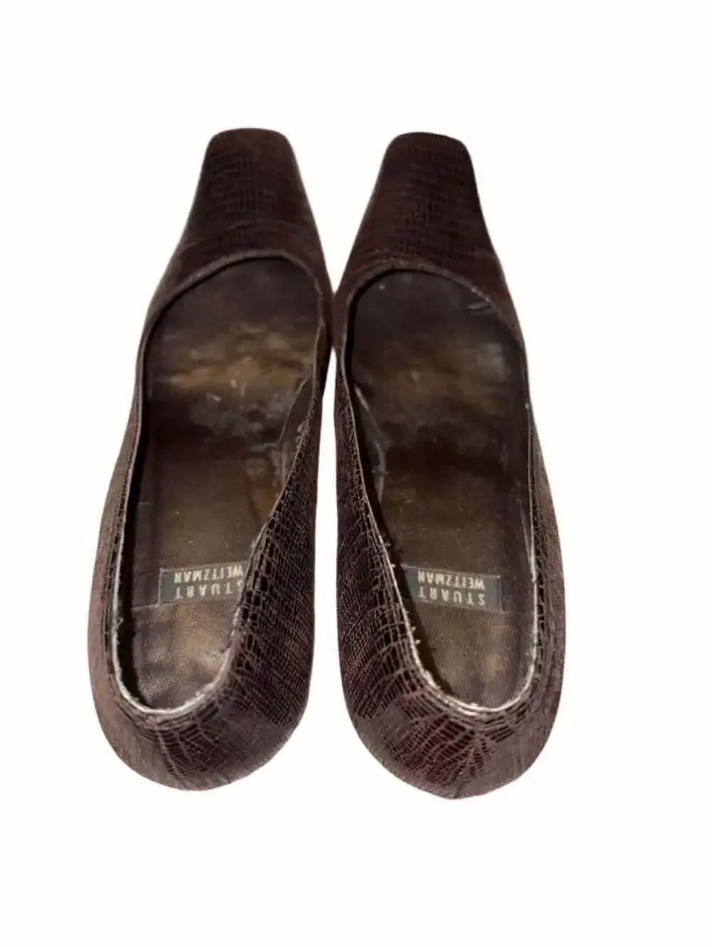 Stuart Weitzman Brown Snake Embossed Leather Square Toe Block Heel Pumps